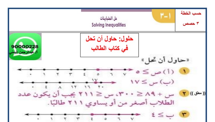 ورقة عمل درس حل المتباينات محلولة رياضيات عاشر ف1 أ عبد الرحمن اليمني